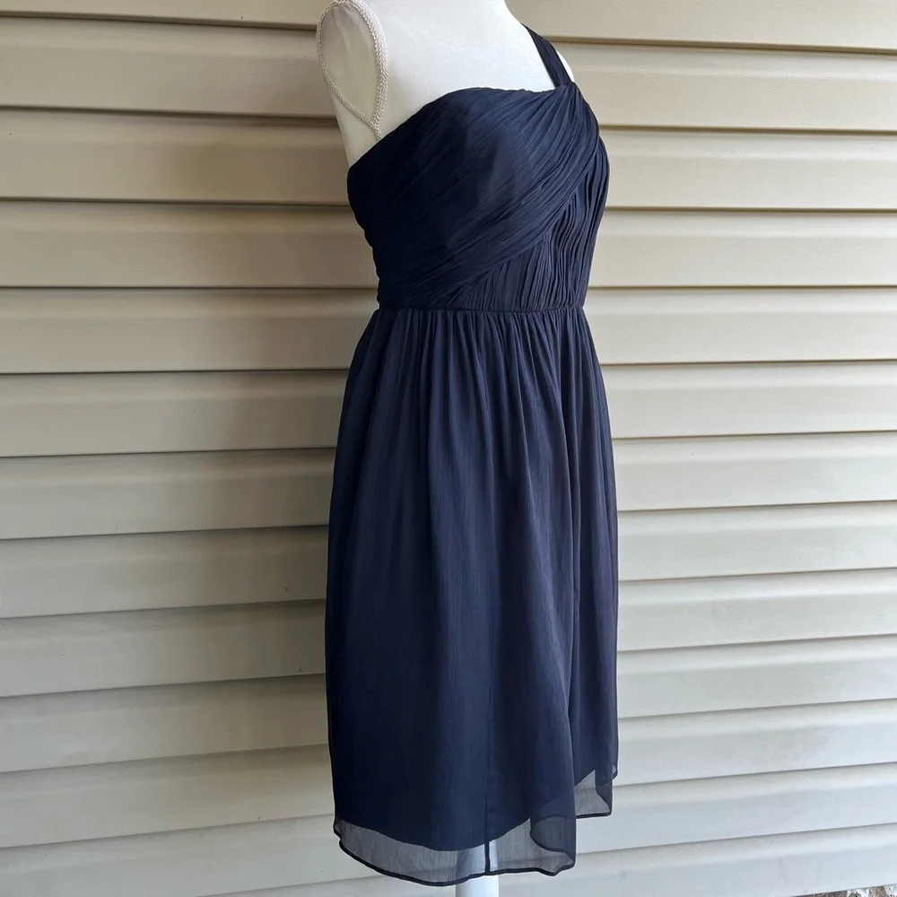 •J. Crew• Navy 100% Silk Chiffon One Shoulder Dress - Size 14 - Picture 4 of 7